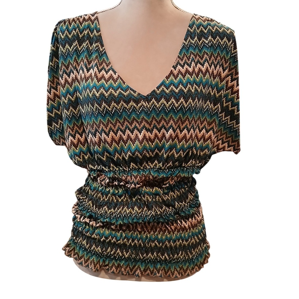 Worthington Stretch Womens Medium Blue Green Chevron Smocked Waist V-Neck Blouse